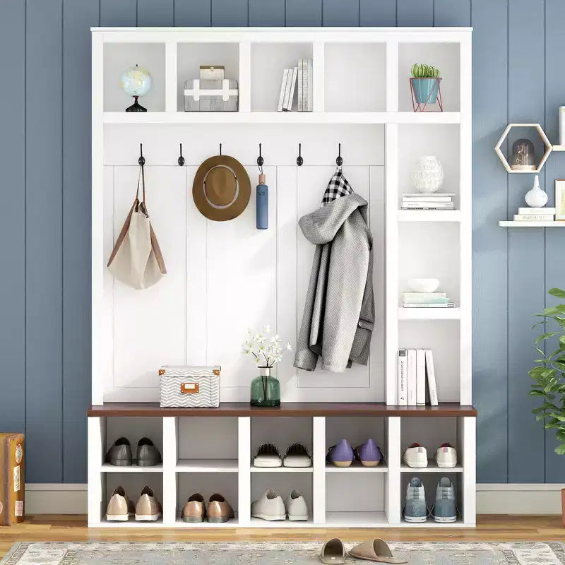 Whisen Farmhouse Wooden Hall Tree with 6 Hooks, Walnut Storage Bench with Adjustable Shelves, Shoe Cabinet with 13 Cubbies
