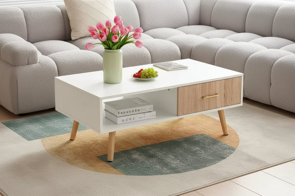 MAYEERTY Coffee Table Rectangle with Sliding Drawer for Storage White