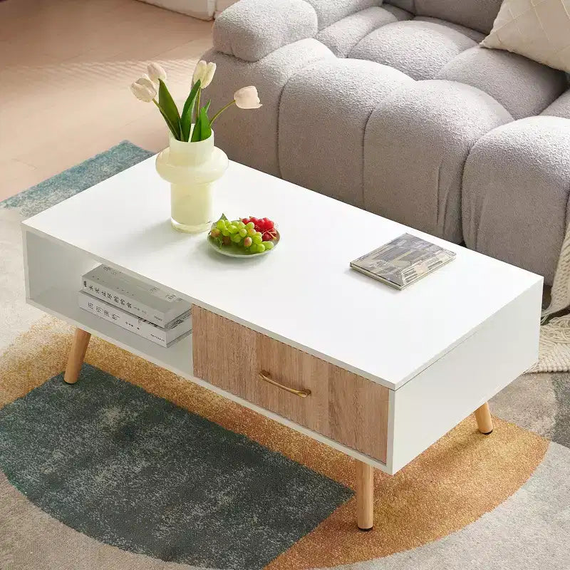 Table basse rectangulaire blanche avec tiroir coulissant pour rangement