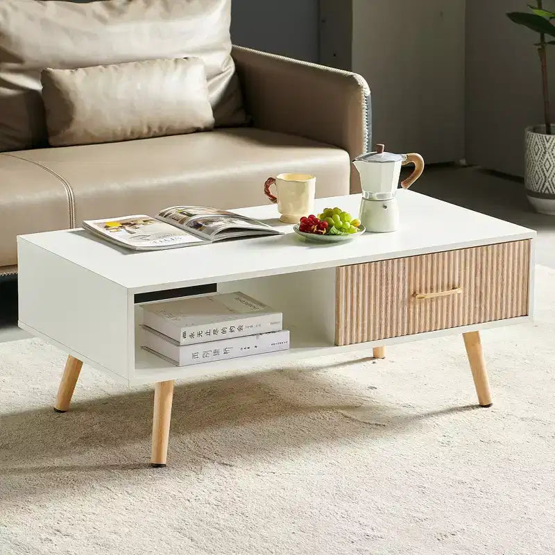 Table basse rectangulaire blanche avec tiroir coulissant pour rangement