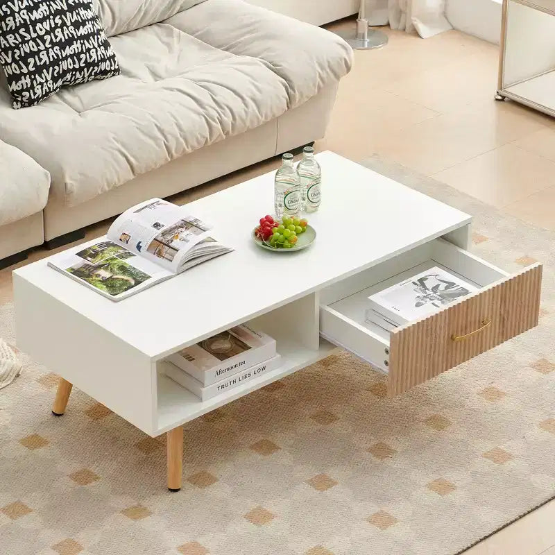 Table basse rectangulaire blanche avec tiroir coulissant pour rangement