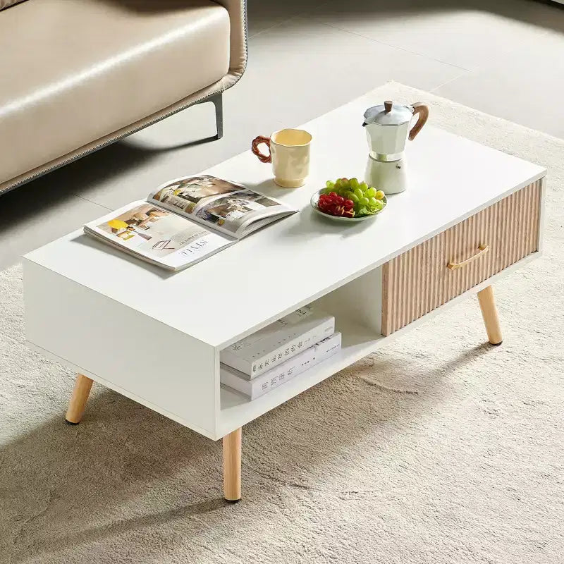 Table basse rectangulaire blanche avec tiroir coulissant pour rangement