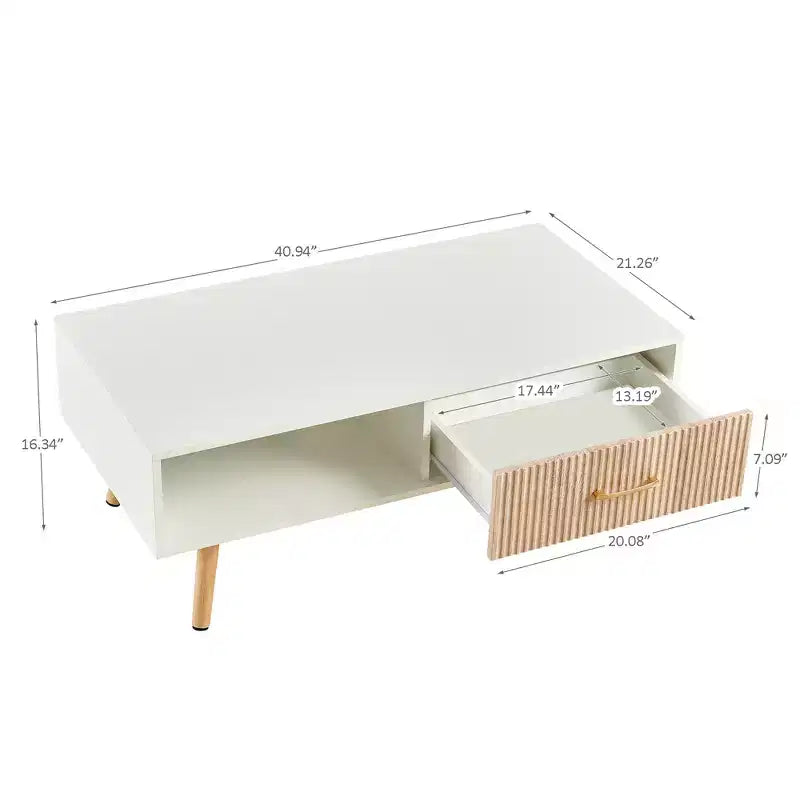 Table basse rectangulaire blanche avec tiroir coulissant pour rangement
