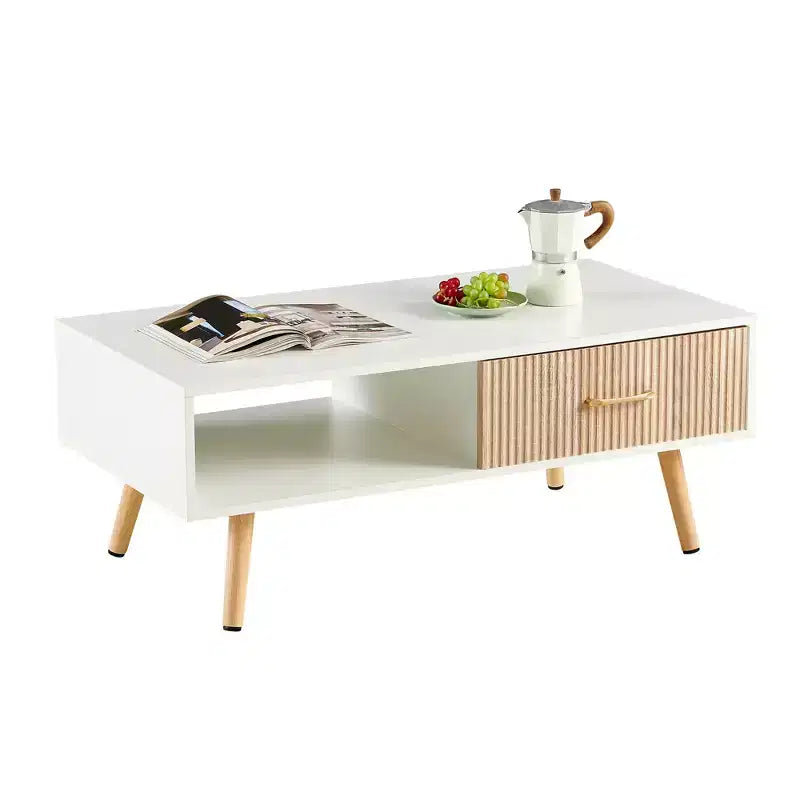 Table basse rectangulaire blanche avec tiroir coulissant pour rangement