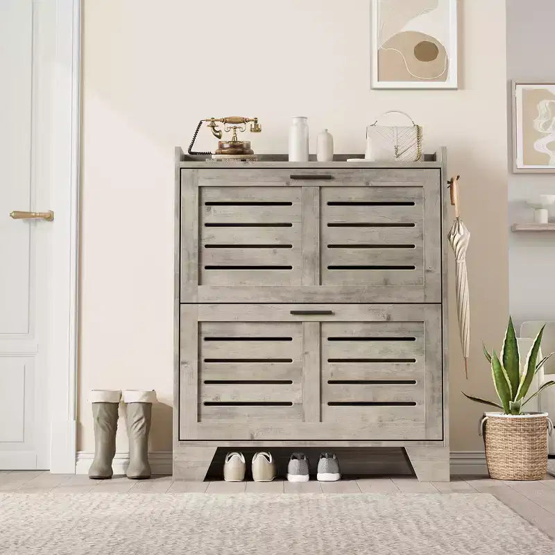 Meuble de rangement pour chaussures fin avec 2 tiroirs basculants et crochets pour l'entrée, le couloir ou le garage