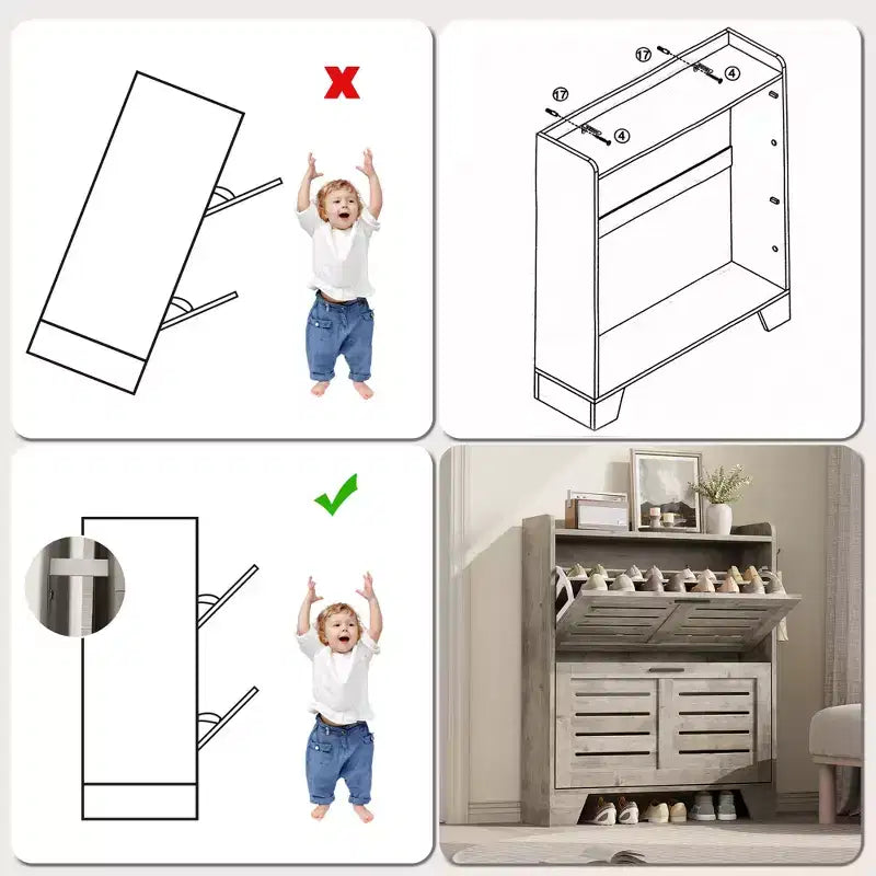 Meuble de rangement pour chaussures fin avec 2 tiroirs basculants et crochets pour l'entrée, le couloir ou le garage