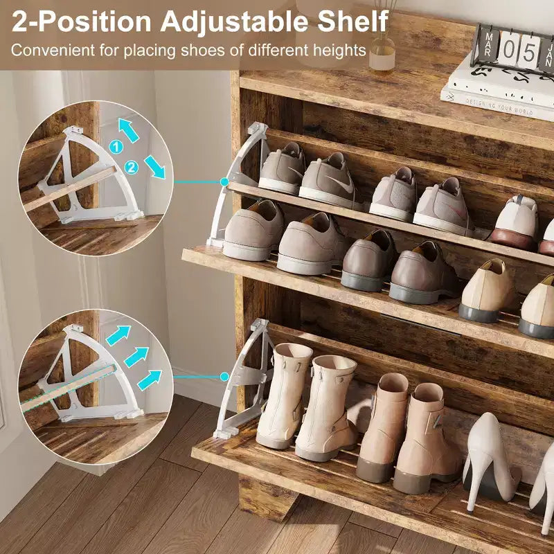 Meuble de rangement pour chaussures fin avec 2 tiroirs basculants et crochets pour l'entrée, le couloir ou le garage