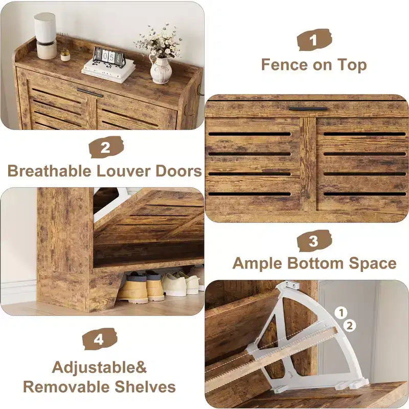 Meuble de rangement pour chaussures fin avec 2 tiroirs basculants et crochets pour l'entrée, le couloir ou le garage