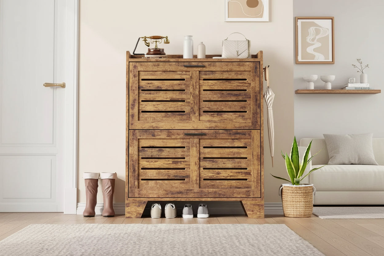 Meuble de rangement pour chaussures fin avec 2 tiroirs basculants et crochets pour l'entrée, le couloir ou le garage
