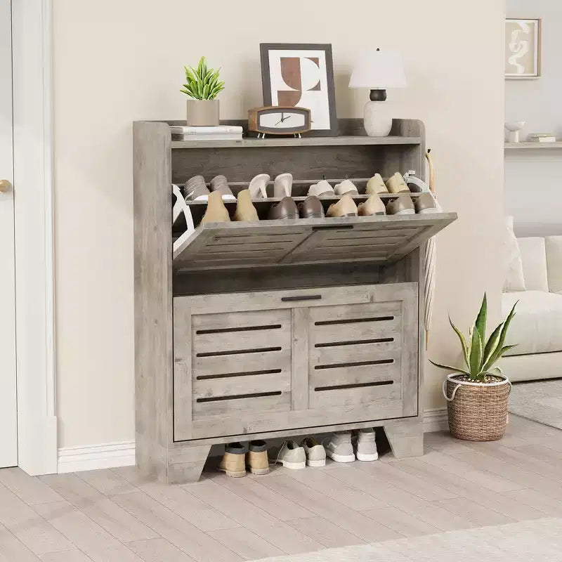 Meuble de rangement pour chaussures fin avec 2 tiroirs basculants et crochets pour l'entrée, le couloir ou le garage